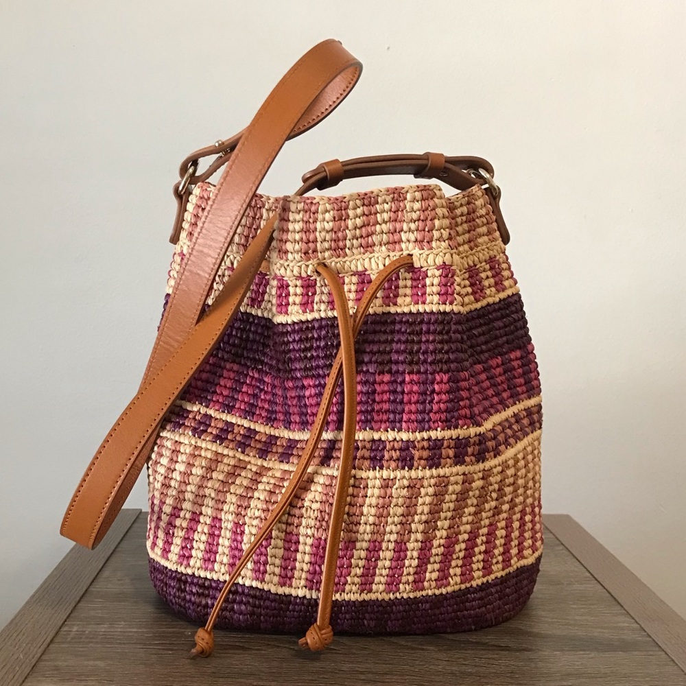 EUC Like New Sézane Farrow Raffia Striped Bucket Bag with Crossbody Strap